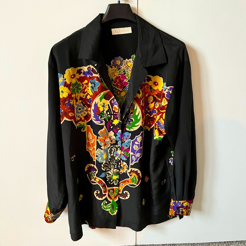 100% silk black shirt with flower pattern